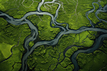 Aerial View Of A River Delta With Lush Green Vegetation And Winding Waterways