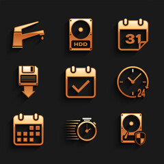 Wall Mural - Set Calendar with check mark, Stopwatch, Hard disk drive HDD protection, Clock 24 hours, and Floppy backup icon. Vector