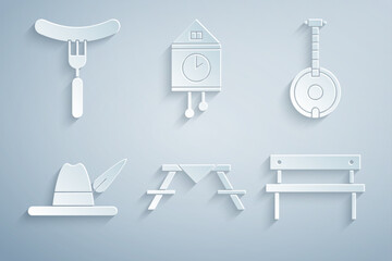 Sticker - Set Picnic table with benches, Banjo, Oktoberfest hat, Bench, Retro wall watch and Sausage on the fork icon. Vector