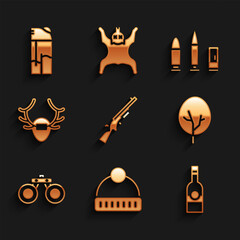 Poster - Set Shotgun, Winter hat, Bottle of vodka, Tree, Binoculars, Deer antlers on shield, Bullet and cartridge and Lighter icon. Vector