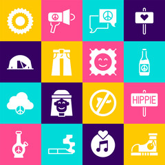 Sticker - Set Sneakers, Peace, Beer bottle, Speech bubble chat, Jeans wide, Tourist tent, Sun and LSD acid mark icon. Vector