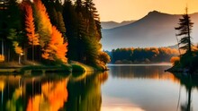 Hovering Above Calm Lake Towards Sunrise In Autumn Season