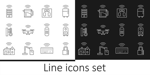 Poster - Set line Smart safe combination lock, stereo speaker, bathroom scales, drone, thermometer, home with wireless, remote control and electric kettle icon. Vector