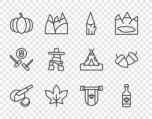 Canvas Print - Set line Peameal bacon, Beer bottle, Wooden log, Canadian maple leaf, Pumpkin, Inukshuk, Pennant Canada and Acorn icon. Vector