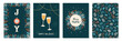 Christmas greeting cards collection. Holiday design with hand drawn winter floral elements, glasses of champagne, xmas ball. Seamless pattern.