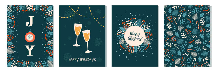 Wall Mural - Christmas greeting cards collection. Holiday design with hand drawn winter floral elements, glasses of champagne, xmas ball. Seamless pattern.