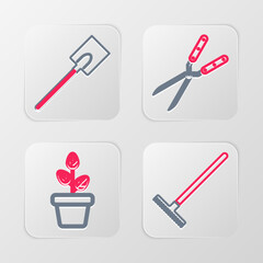 Sticker - Set line Garden rake, Flowers in pot, Gardening handmade scissor and shovel icon. Vector