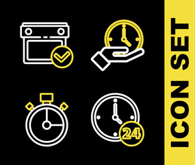 Poster - Set line Clock, 24 hours, Stopwatch and Calendar with check mark icon. Vector