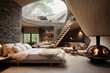 eco lodge interior minimal Scandinavian natural style. Modern bedroom with big windows and lots of light.