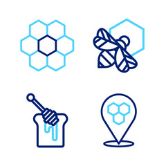 Poster - Set line Honeycomb bee location, dipper stick with honey, Bee and honeycomb and icon. Vector