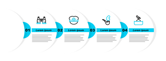 Poster - Set line Seagull sits on a buoy, Smoking pipe, Captain hat and Binoculars icon. Vector