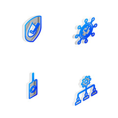 Poster - Set Isometric line Clock and gear, Waterproof, Remote control and Lead management icon. Vector