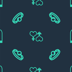 Wall Mural - Set line Male and female heart, Silicone ball gag and Dildo vibrator on seamless pattern. Vector