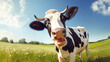© Tetiana - A crazy funny spotted black and white cow looks at the camera and laughs on a green meadow with flowers under a blue sky on a sunny summer day. Copy space. Organic dairy product concept