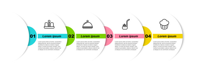 Sticker - Set line Salt and pepper, Covered with tray, Kitchen ladle and Cupcake. Business infographic template. Vector