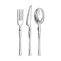 Wall Mural - A set of cutlery is a black and white sketch. Vector. Wedding decor.