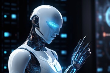 Poster - humanoid robot on white isolated. data network connection background.