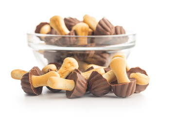 Wall Mural - Candy in the shape of a mushroom. Chocolate mushrooms isolated on white background.