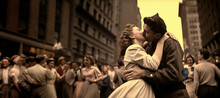 1945 World War II Victory Celebration: A Crowd's Joyful Moments Captured As A Soldier Embraces His Nurse Girlfriend In Sepia

