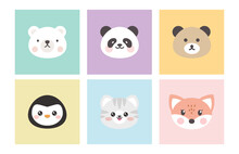 Cute Different Animals Faces Poster Or Print Kids Design, Fox,panda,teddy Bear, Penguin, Kitten, Polar Isolated On Apink, Blue, Mint Green, Violet, Yellow, Orange Pastel Color Background