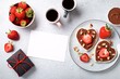  Breakfast for Two, Valentines Day Food for Couple in Love with Chocolate Toasts and Strawberry and White Mockup Paper