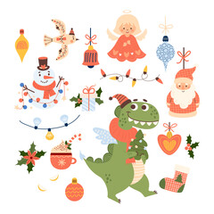 Wall Mural - Christmas set. New Year characters Santa Claus, dragon with tree, snowman, garland, little angel, toy balls, gift with holly, stocking and bird. Vector illustration. Isolated cartoon holiday elements.