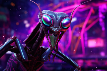 Wall Mural - praying mantis with purple light background