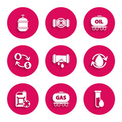 Poster - Set Broken metal pipe with leaking water, Gas railway cistern, Oil petrol test tube, drop, Antifreeze canister, exchange, transfer, convert, and Propane gas tank icon. Vector