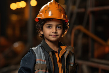 Wall Mural - Indian little boy in engineer costume and wearing helmet.