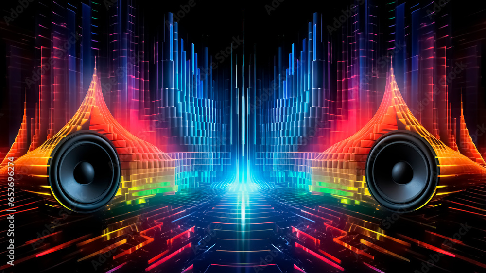 Illustration of loudspeakers in abstract background with sound wave ...