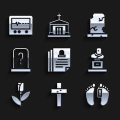 Wall Mural - Set Death certificate, Christian cross, Dead body, Grave with tombstone, Flower rose, Old grave and Beat dead in monitor icon. Vector