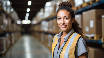 Happy smiling Latin American standing between racks in warehouse wearing safety jacket looking at camera.

