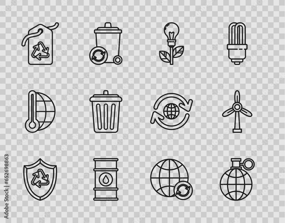 Set line Recycle symbol inside shield, Planet earth and a recycling ...