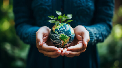 Woman embracing small globe as Earth Day concept