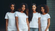 © Mickael - Group of young african american black woman wearing white t-shirts standing together, blank apparel with no print , photo for mock-up of diversity and group of friends,. generative ai