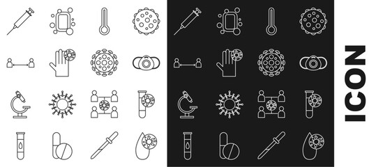 Poster - Set line Blood test and virus, Test tube with, Medical protective mask, thermometer, Hand, Safe distance, Syringe and Virus icon. Vector