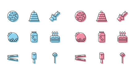 Sticker - Set line Sugar stick packets, Ice cream, Cookie or biscuit, Lollipop, Strawberry jam jar, Cake with burning candles, Glass candies inside and icon. Vector