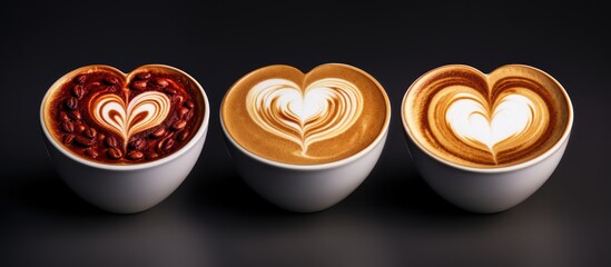 Sticker - 3 coffee styles heart shape love symbol on black cup lover sign on LATTE Cappuccino Mocha cups isolated on white background