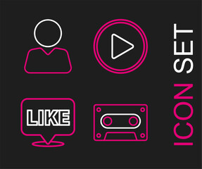 Poster - Set line Retro audio cassette tape, Like in speech bubble, Play circle and Add to friend icon. Vector