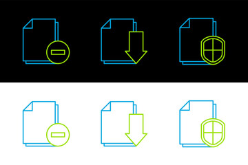 Poster - Set line Document protection concept, with minus and download icon. Vector