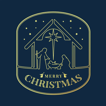 Gold Merry christmas text in rectangular curve shape frame with the nativity with mary and joseph in a manger with baby jesus and light star on dark blue background vector design