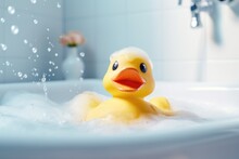 Rubber Duck Swims In Bathtub In Modern Bathroom