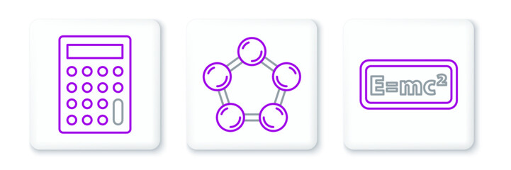 Set line Equation solution, Calculator and Molecule icon. Vector