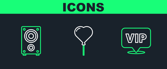 Sticker - Set line Location Vip, Stereo speaker and Balloon in form of heart icon. Vector