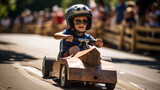 Fototapeta  - Young boy kid participating in a competitive soapbox derby race. He's behind the wheel of his homemade racer, speeding down a steep hill with determination and a thrill for speed.