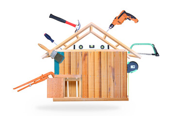 Selection of tools in the shape of  house, home improvement concept