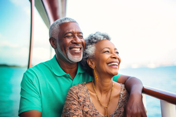 An elderly dark-skinned couple on the deck of a ship or liner against the backdrop of the sea. Happy and smiling people. Travel on a sea liner. Love and romance of older people