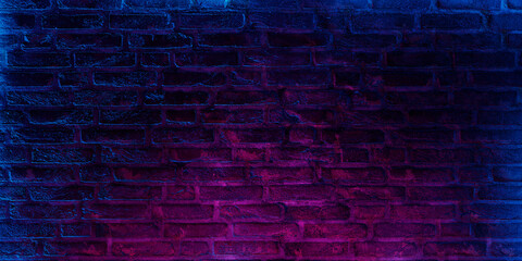 Poster - Neon brick wall background. Dark grunge textured empty space.