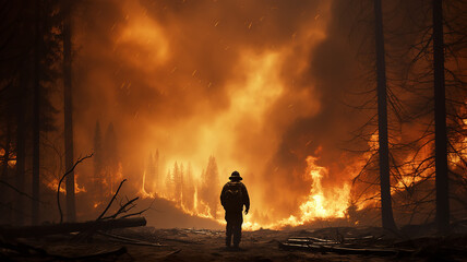 Wall Mural - firefighter on the background of a forest fire view from the back