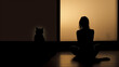 lonely girl silhouette sitting opposite the wall together with cat, loneliness concept, love pet, sublimation